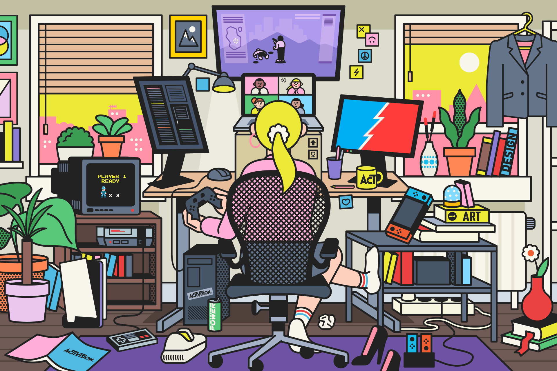 Mujer trabajando y jugando: Gif animado Home Office